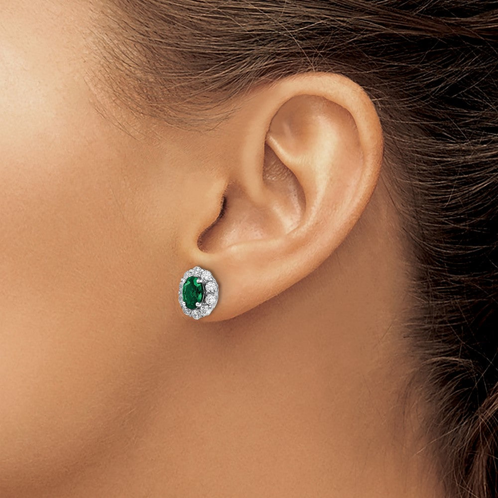 14k White Gold 1 1/5 Ct. Lab Grown Diamond VS/SI+ G+ and Oval Created Emerald Halo Post Earrings