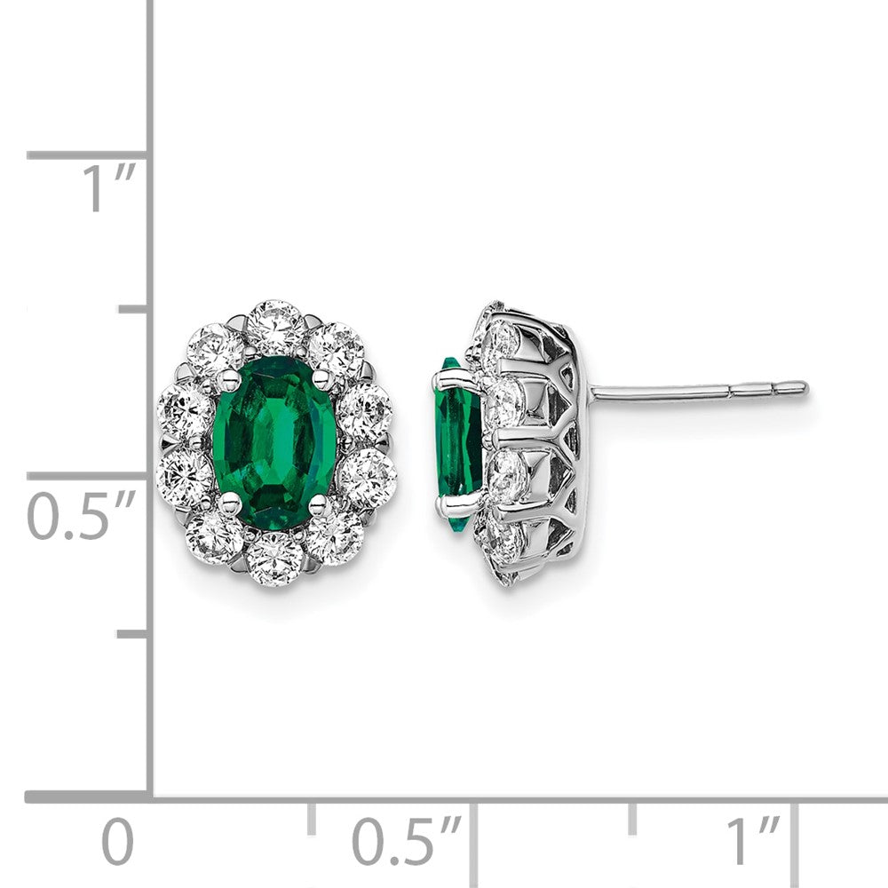 14k White Gold 1 1/5 Ct. Lab Grown Diamond VS/SI+ G+ and Oval Created Emerald Halo Post Earrings