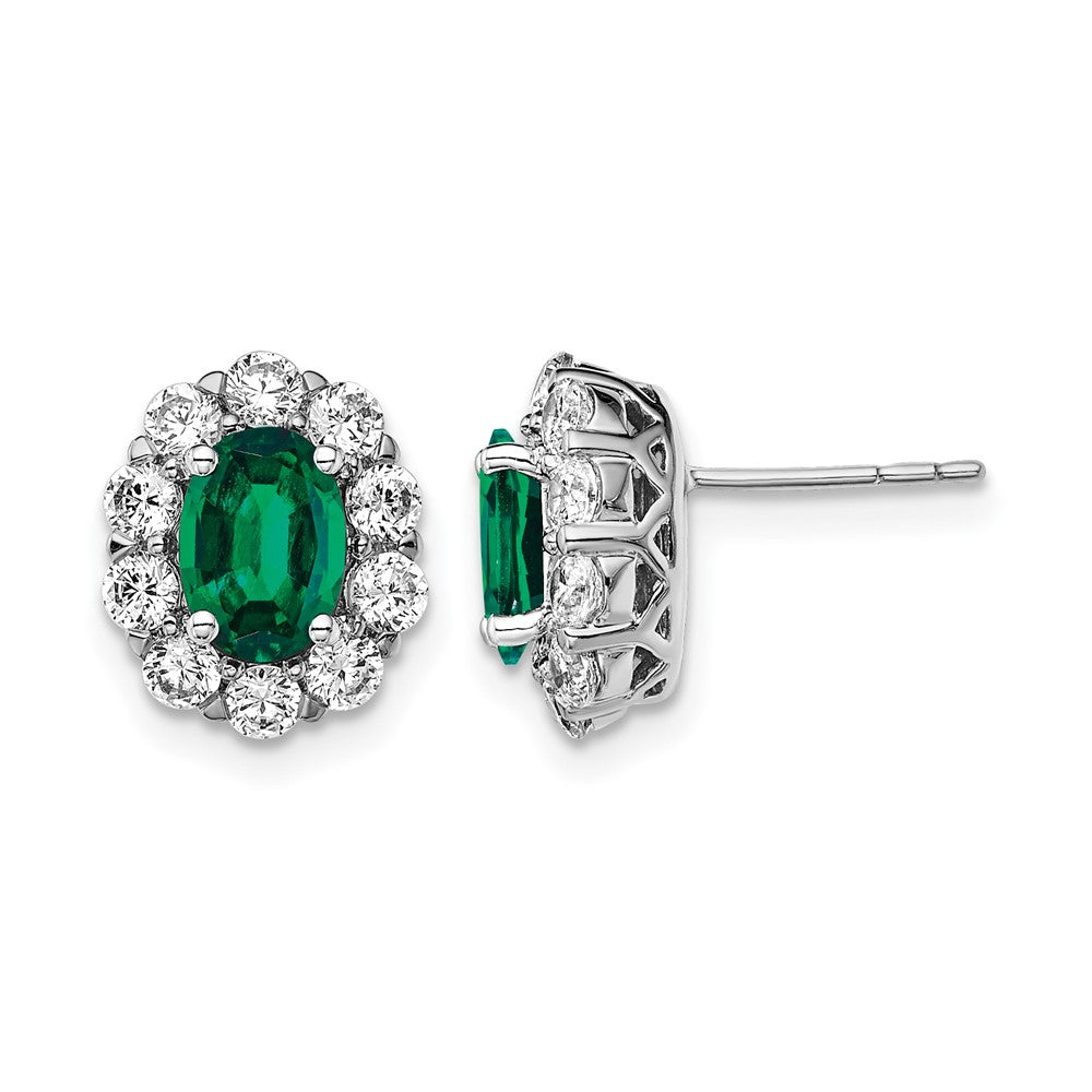 14k White Gold 1 1/5 Ct. Lab Grown Diamond VS/SI+ G+ and Oval Created Emerald Halo Post Earrings