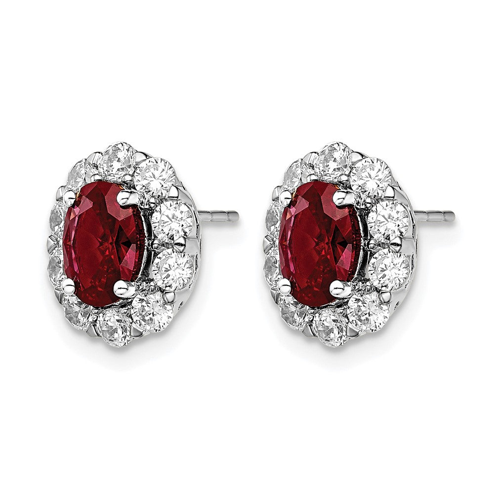 14k White Gold 1 1/5 Ct. Lab Grown Diamond VS/SI+ G+ and Oval Created Ruby Halo Post Earrings