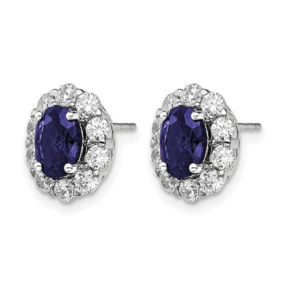 14k White Gold 1 1/5 Ct. Lab Grown Diamond VS/SI+ G+ and Oval Created Sapphire Halo Post Earrings