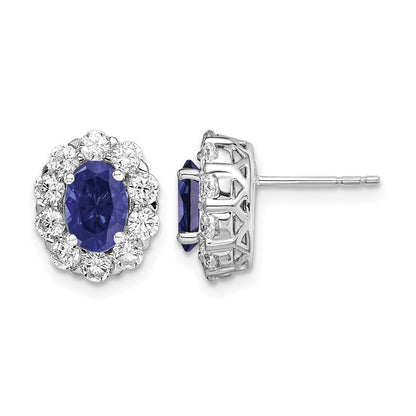 14k White Gold 1 1/5 Ct. Lab Grown Diamond VS/SI+ G+ and Oval Created Sapphire Halo Post Earrings