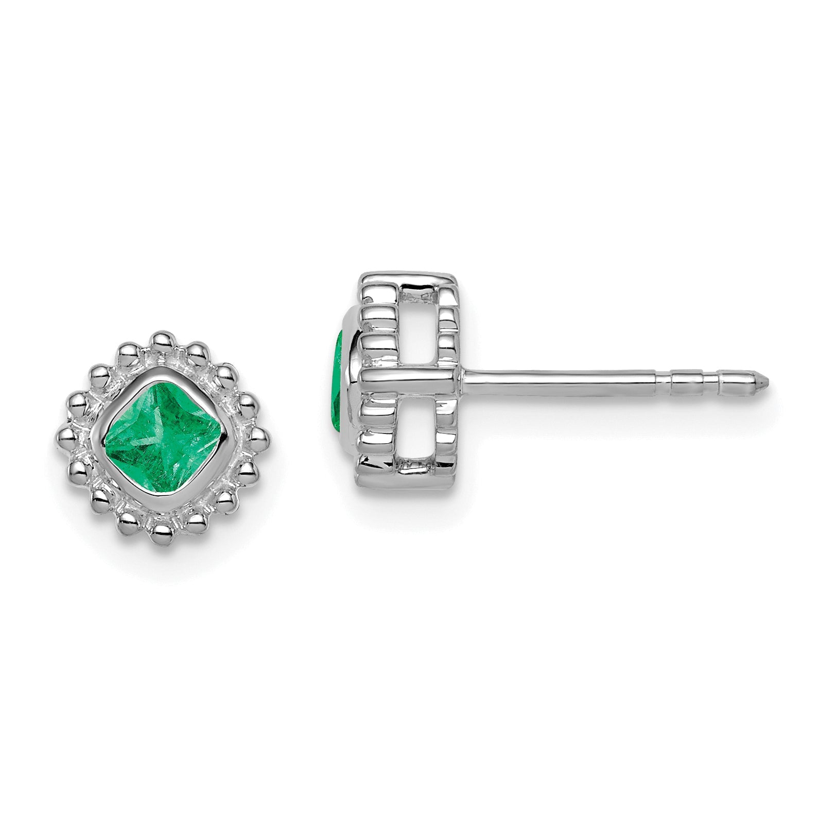 10K White Gold Cushion Emerald Earrings