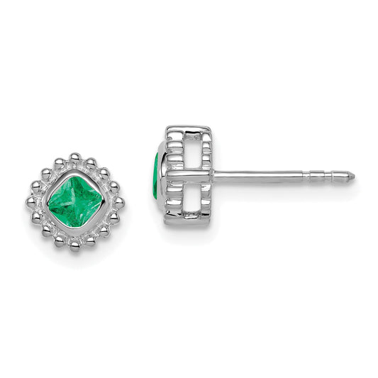 10K White Gold Cushion Emerald Earrings