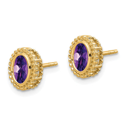 10K Yellow Gold Oval Amethyst Post Earrings