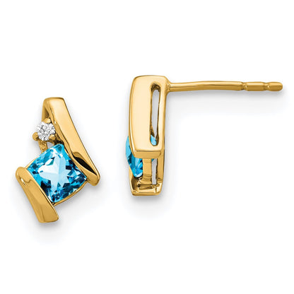 10K Yellow Gold Cushion Blue Topaz And Diamond Earrings