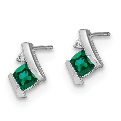 10K White Gold Cushion Cr. Emerald And Diamond Earrings
