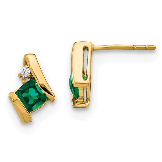 10K Yellow Gold Cushion Cr. Emerald And Diamond Earrings