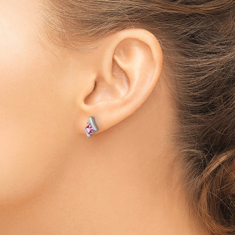 10K White Gold Cushion Cr. Pink Sapphire And Diamond Earrings