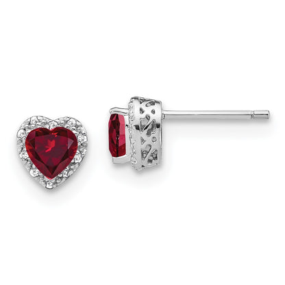 14k White Gold 1/10 Ct. Lab Grown Diamond VS/SI+ G+ and Created Ruby Heart Halo Post Earrings