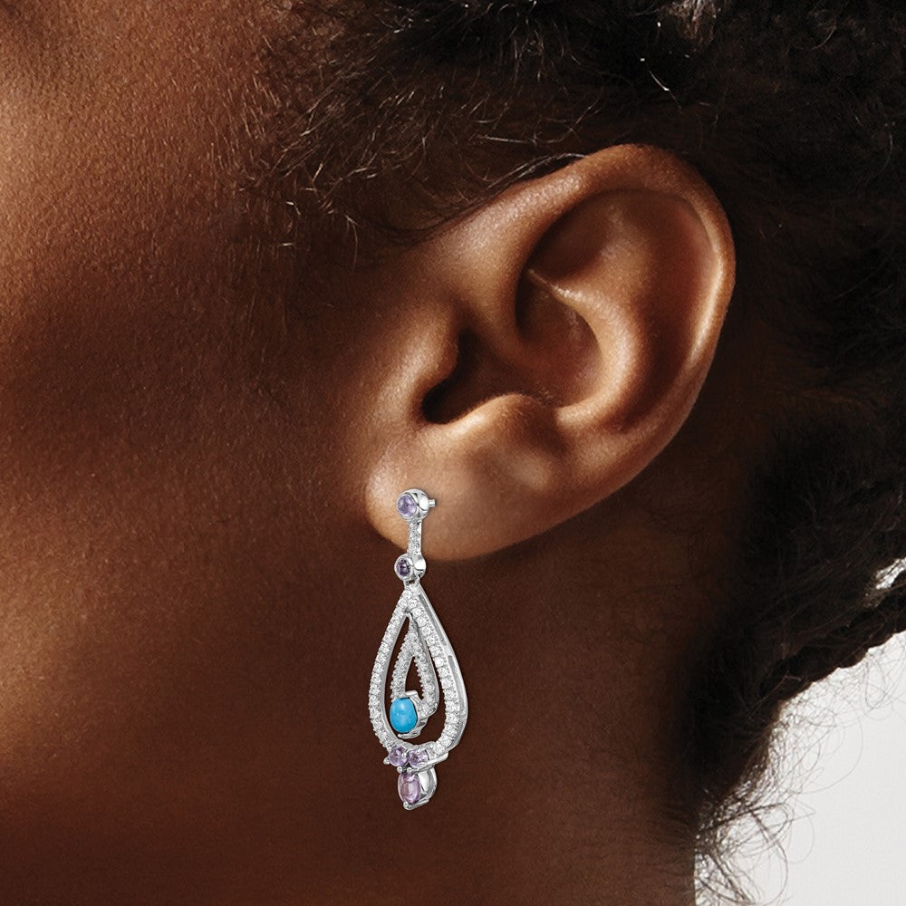 14K White Gold Turquoise/Amethyst/White Topaz Dangle Earrings