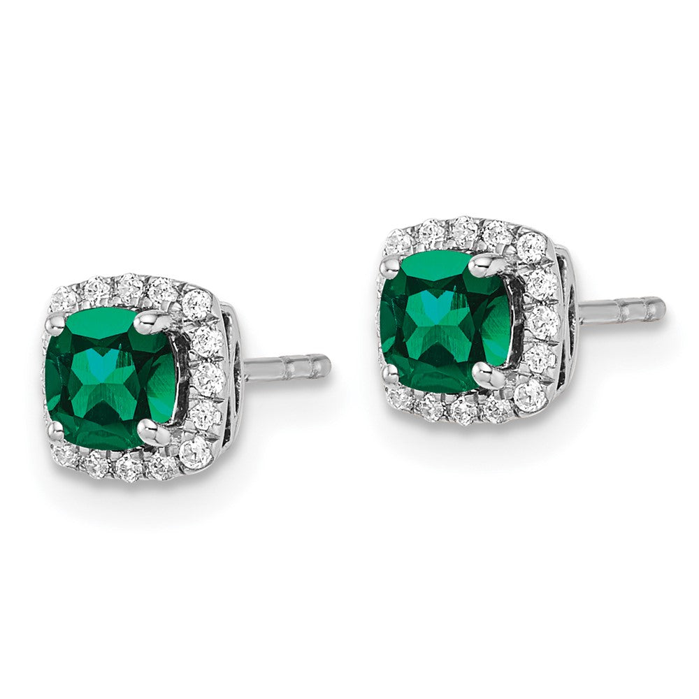 10k White Gold 1/10 Ct. Lab Grown Diamond VS/SI+ G+ and Created Emerald Square Halo Post Earrings