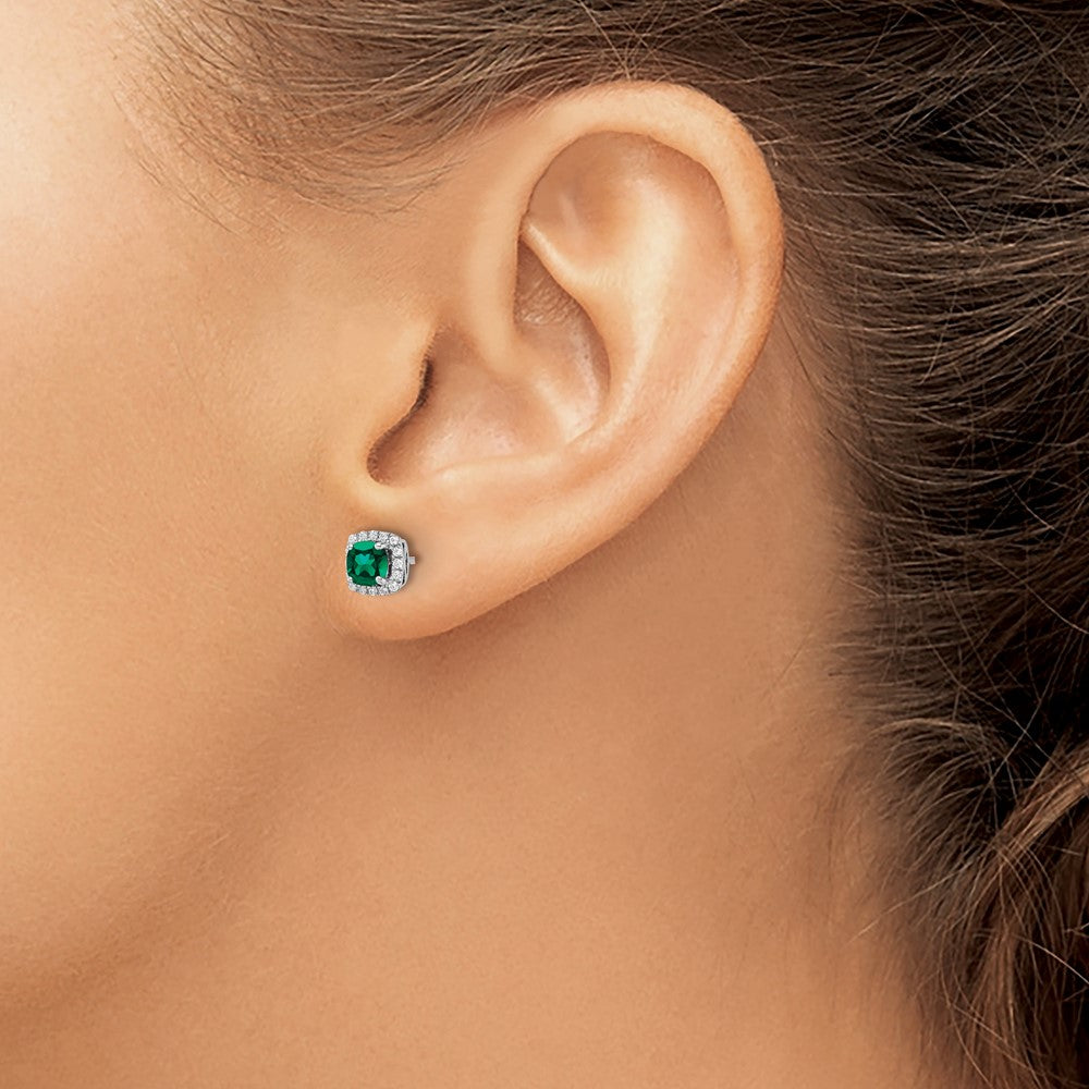 10k White Gold 1/10 Ct. Lab Grown Diamond VS/SI+ G+ and Created Emerald Square Halo Post Earrings