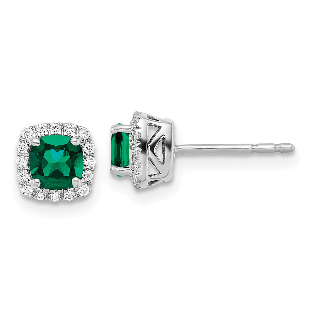 10k White Gold 1/10 Ct. Lab Grown Diamond VS/SI+ G+ and Created Emerald Square Halo Post Earrings