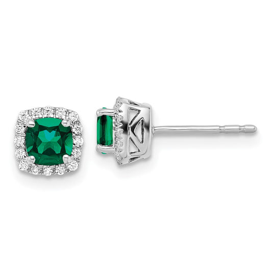 10k White Gold 1/10 Ct. Lab Grown Diamond VS/SI+ G+ and Created Emerald Square Halo Post Earrings