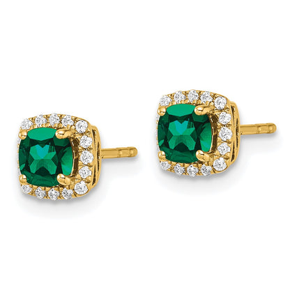 14k Yellow Gold 1/10 Ct. Lab Grown Diamond VS/SI+ G+ and Created Emerald Complete Square Halo Post Earrings