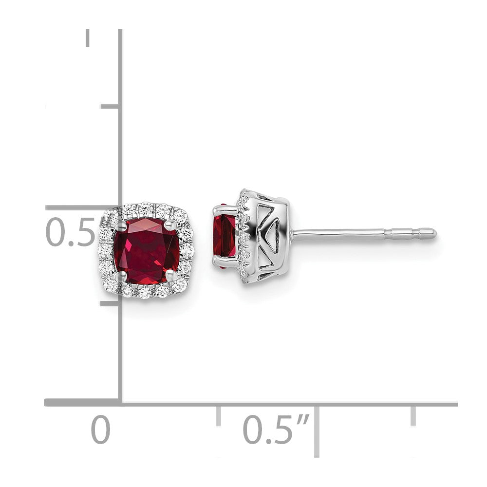 10k White Gold 1/10 Ct. Lab Grown Diamond VS/SI+ G+ and Created Ruby Square Halo Post Earrings