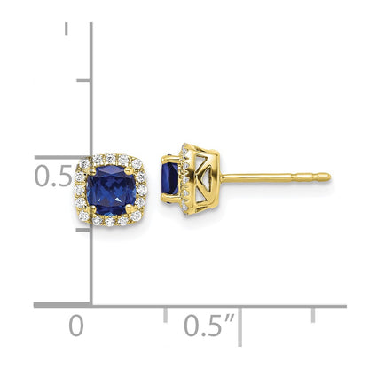 10k Yellow Gold 1/10 Ct. Lab Grown Diamond VS/SI+ G+ and Created Sapphire Square Halo Post Earrings