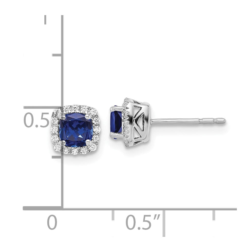 10k White Gold 1/10 Ct. Lab Grown Diamond VS/SI+ G+ and Created Sapphire Square Halo Post Earrings