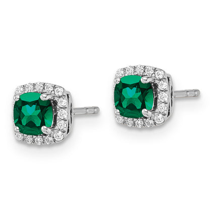 14k White Gold 1/10 Ct. Lab Grown Diamond VS/SI+ G+ and Created Emerald Square Halo Post Earrings