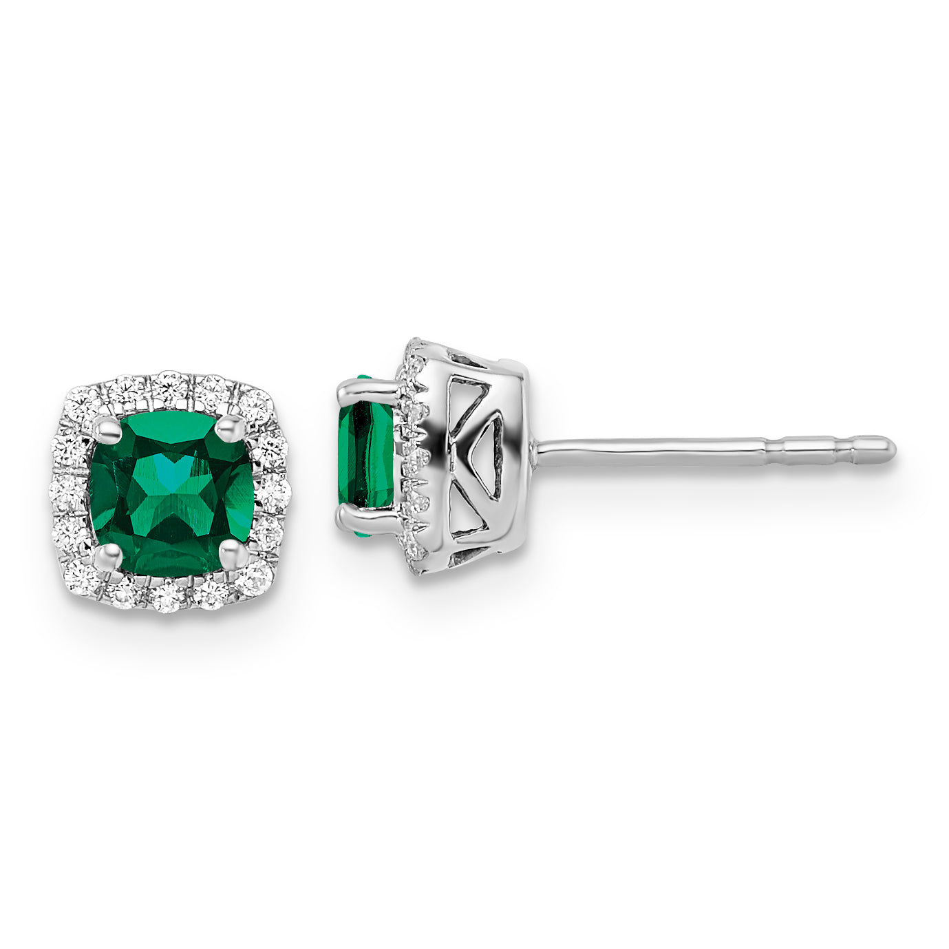 14k White Gold 1/10 Ct. Lab Grown Diamond VS/SI+ G+ and Created Emerald Square Halo Post Earrings