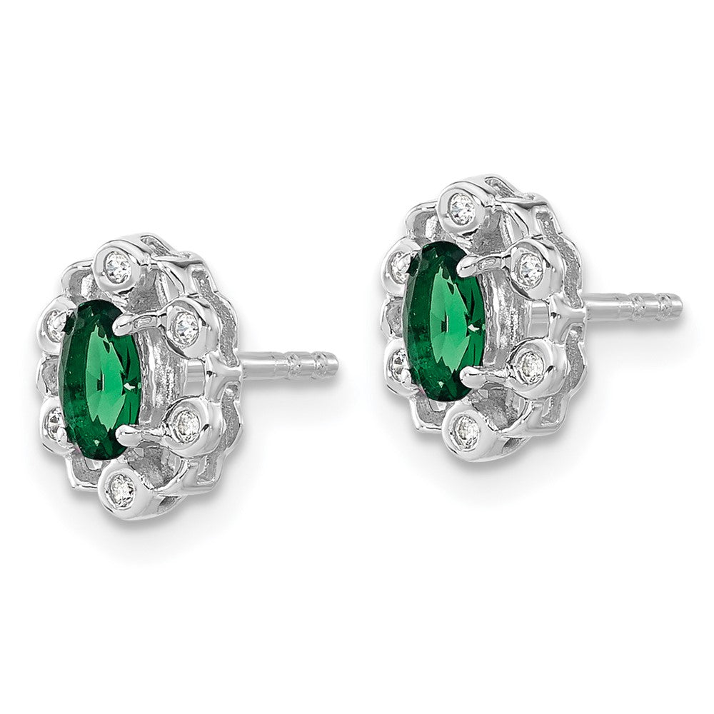 14k White Gold 1/20 Ct. Lab Grown Diamond VS/SI+ G+ and Oval Created Emerald Halo Post Earrings