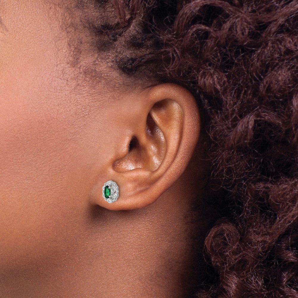 14k White Gold 1/20 Ct. Lab Grown Diamond VS/SI+ G+ and Oval Created Emerald Halo Post Earrings