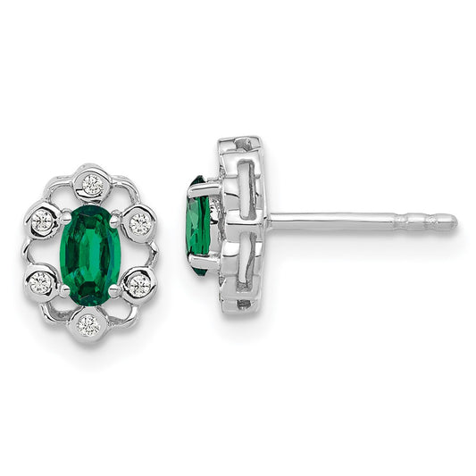 14k White Gold 1/20 Ct. Lab Grown Diamond VS/SI+ G+ and Oval Created Emerald Halo Post Earrings