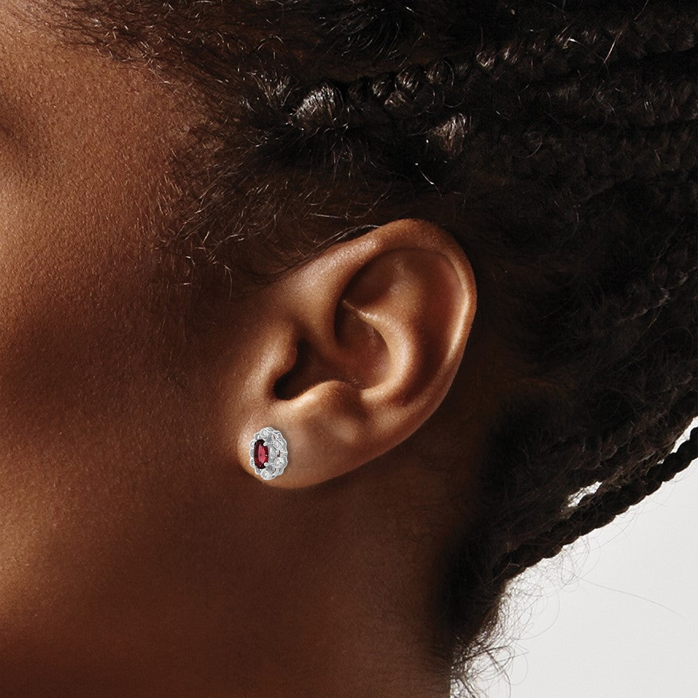 14k White Gold 1/20 Ct. Lab Grown Diamond VS/SI+ G+ and Oval Created Ruby Halo Post Earrings