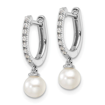 14k White Gold 1/10 Ct. Lab Grown Diamond VS/SI+ G+ and 5.50 mm Round Freshwater Cultured Pearl Hinged Hoop Earrings