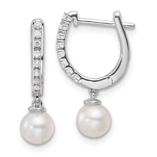 14k White Gold 1/10 Ct. Lab Grown Diamond VS/SI+ G+ and 5.50 mm Round Freshwater Cultured Pearl Hinged Hoop Earrings