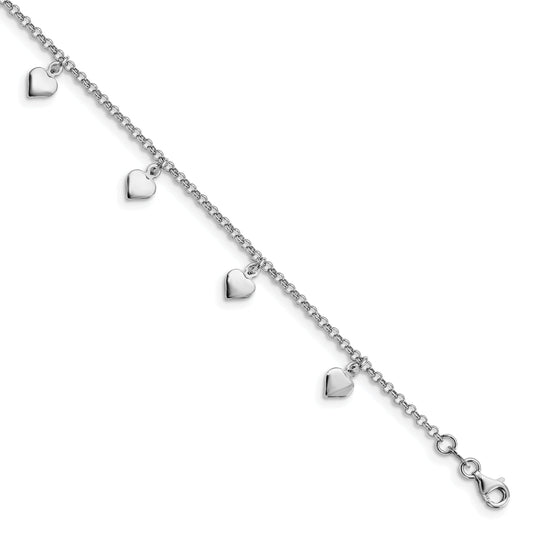 Sterling Silver Rhodium-Plated Hearts 9In Plus 1In Ext. Anklet