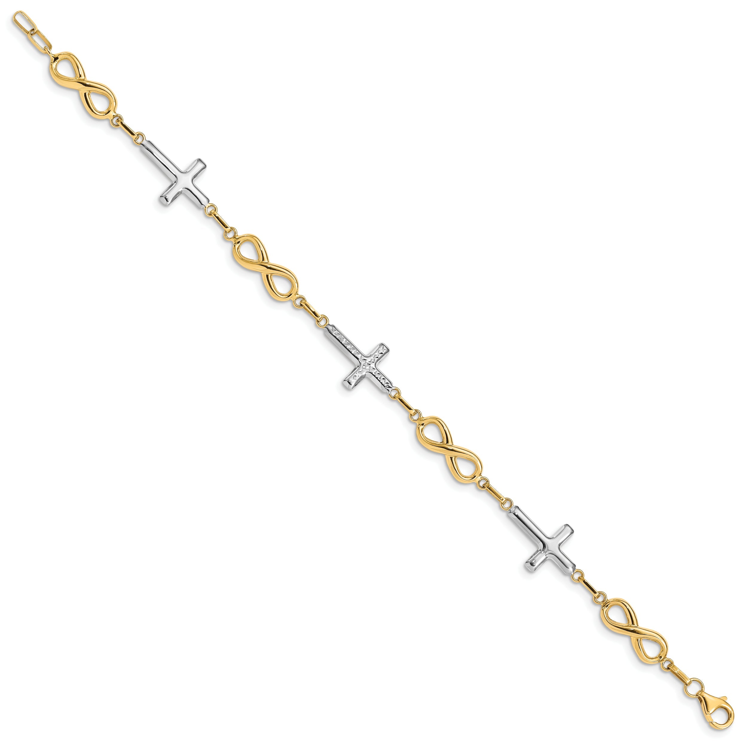 7.25 Inch 14K W/ Rhodium Polished Cross Infinity Symbol Link Bracelet