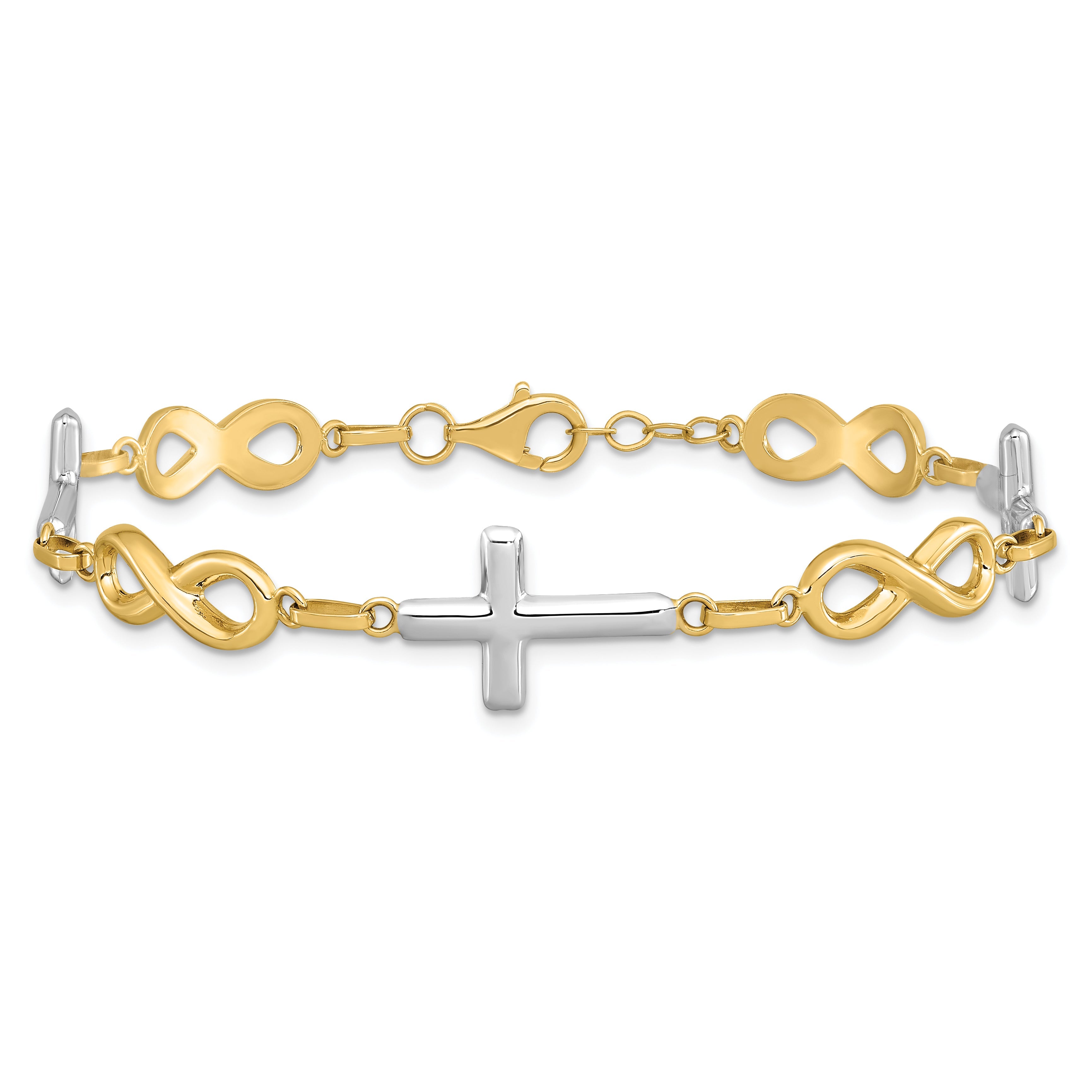 7.25 Inch 14K W/ Rhodium Polished Cross Infinity Symbol Link Bracelet