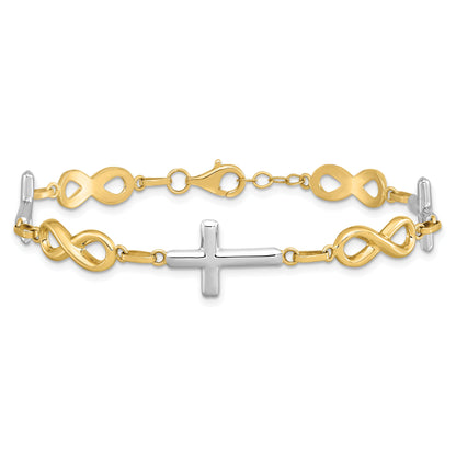 7.25 Inch 14K W/ Rhodium Polished Cross Infinity Symbol Link Bracelet