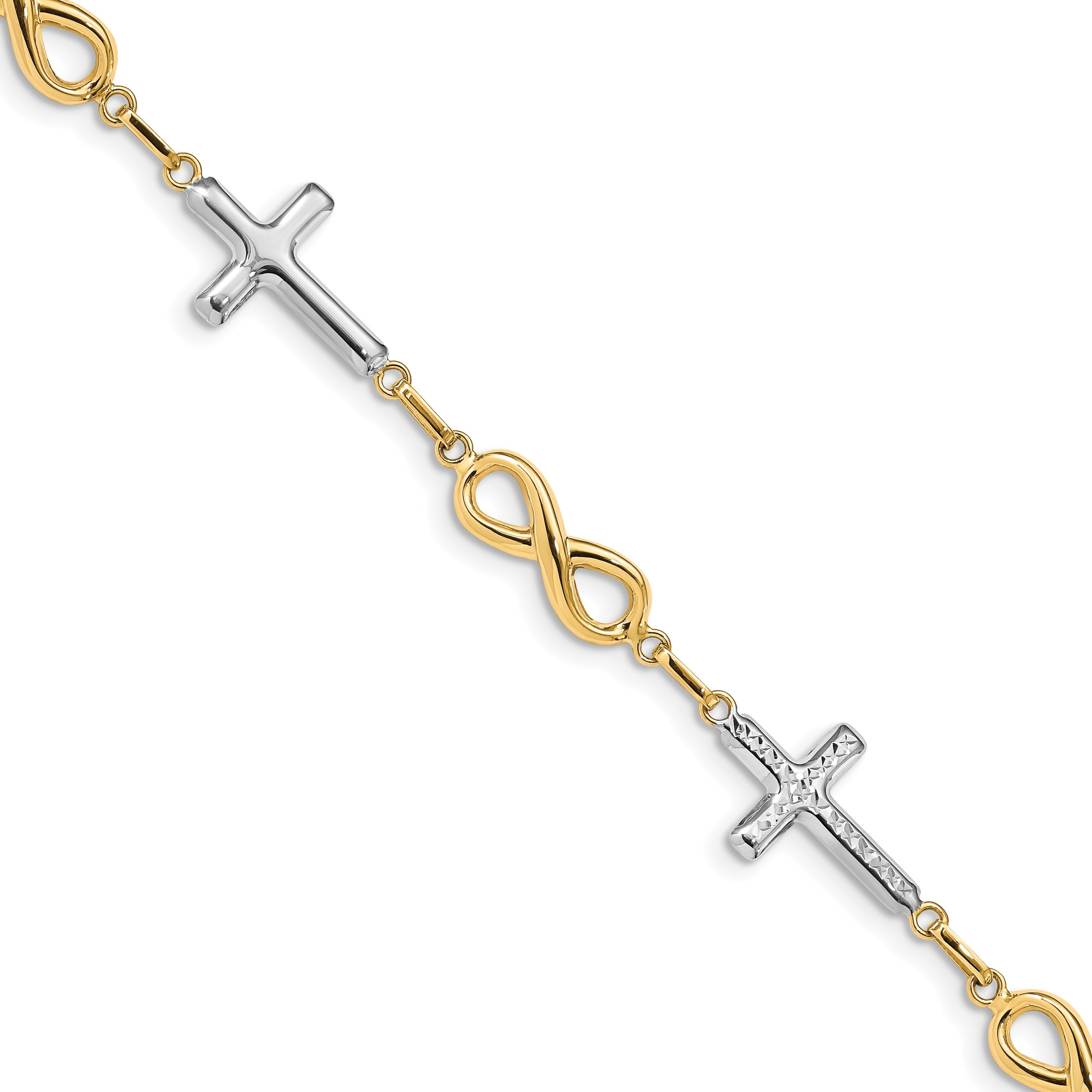 7.25 Inch 14K W/ Rhodium Polished Cross Infinity Symbol Link Bracelet