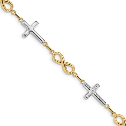 7.25 Inch 14K W/ Rhodium Polished Cross Infinity Symbol Link Bracelet
