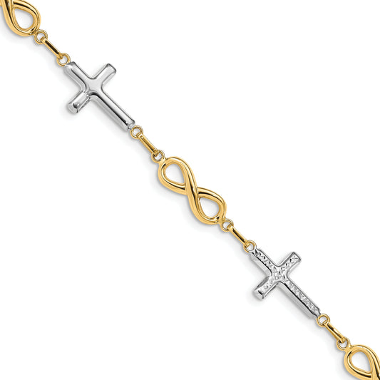 7.25 Inch 14K W/ Rhodium Polished Cross Infinity Symbol Link Bracelet