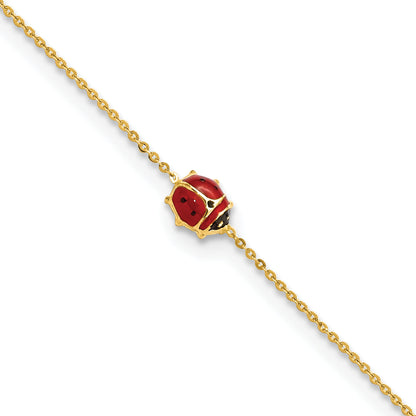 14K Yellow Gold Polished Enameled Ladybug 6.5In W/.75In Ext. Bracelet