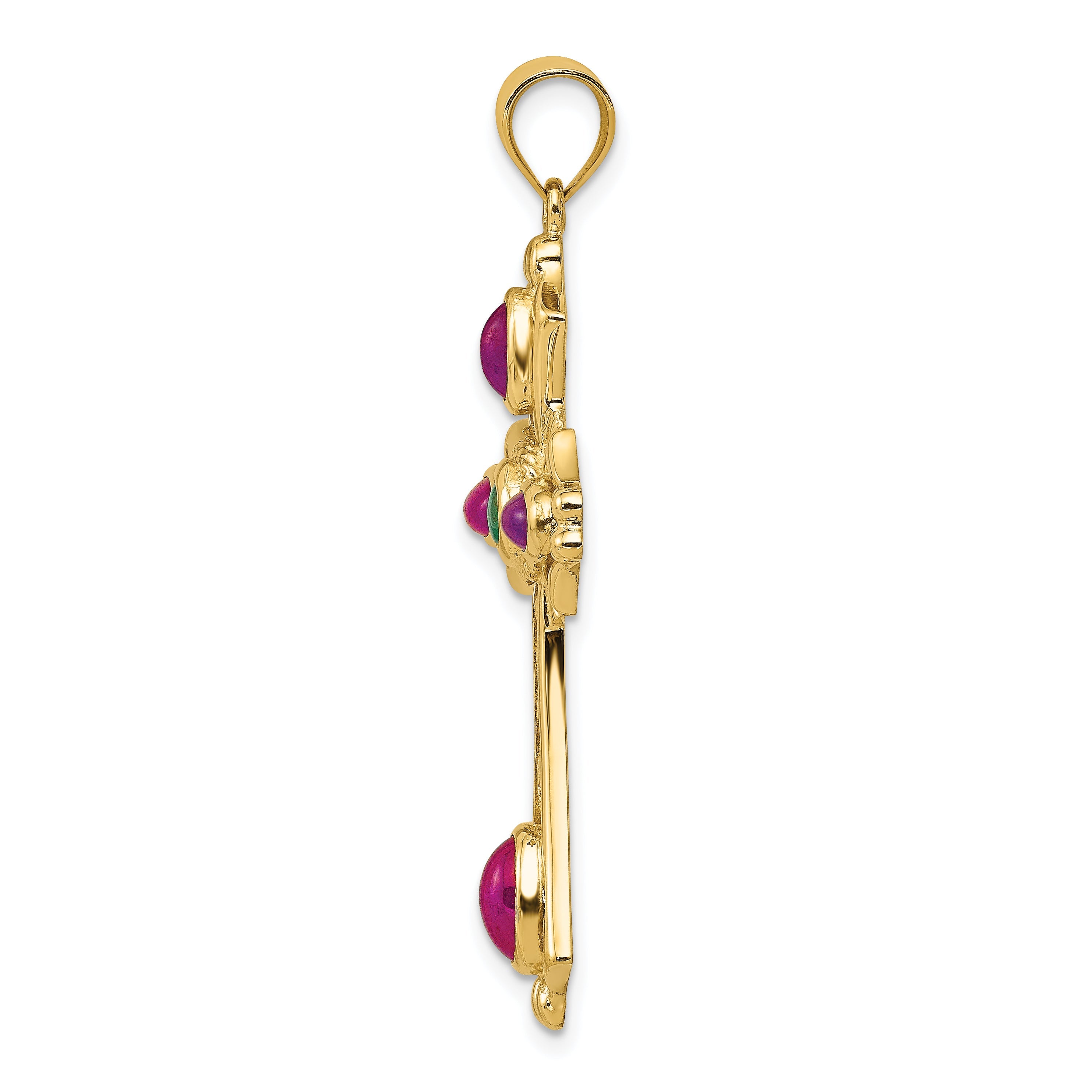 14K Yellow Gold Ruby And Emerald Cabochon Cross Pendant