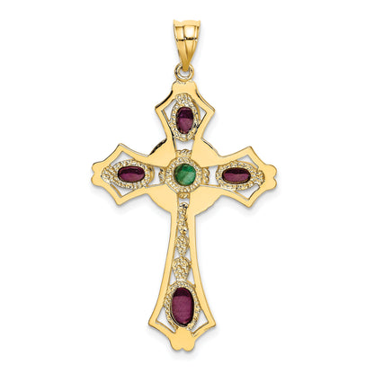14K Yellow Gold Ruby And Emerald Cabochon Cross Pendant