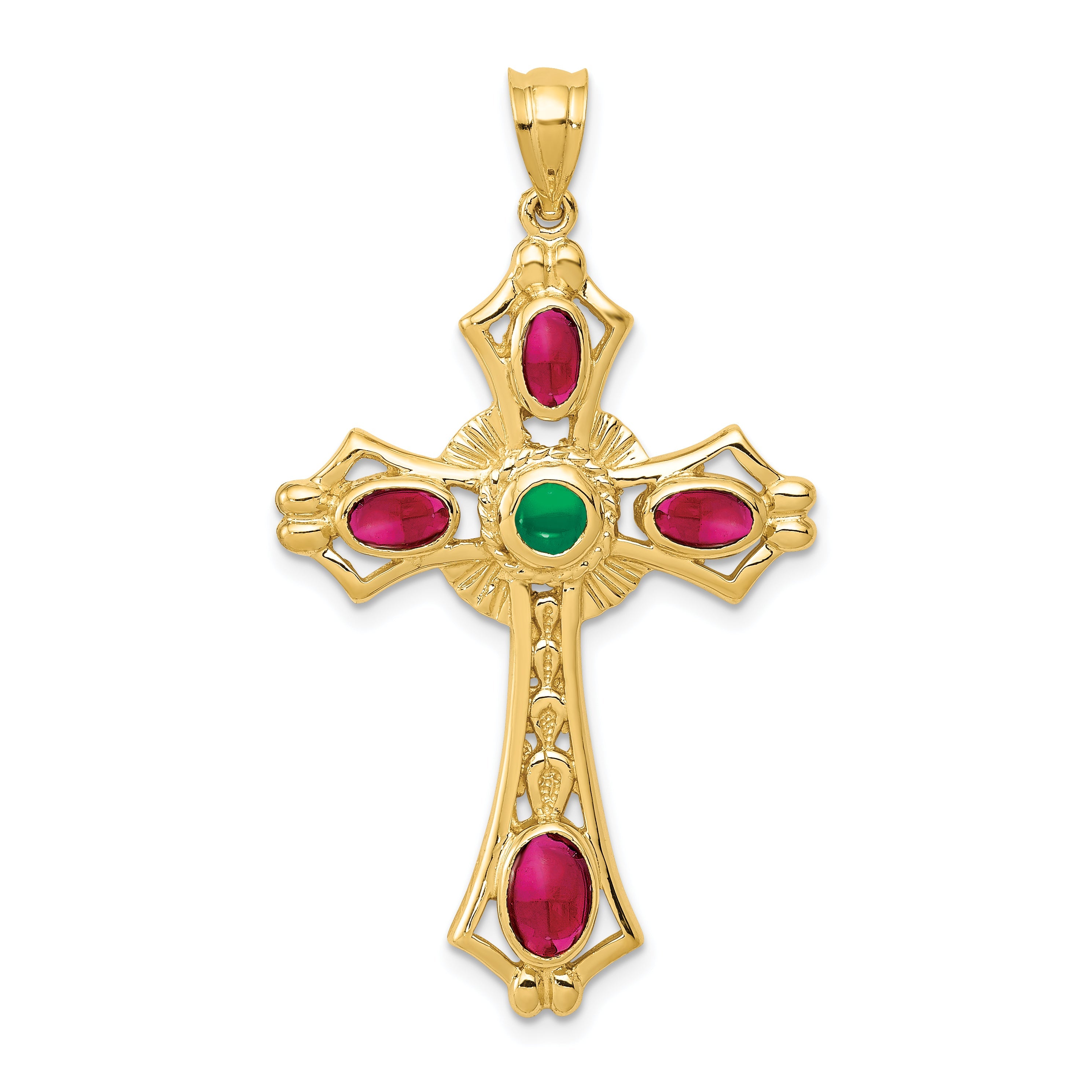 14K Yellow Gold Ruby And Emerald Cabochon Cross Pendant