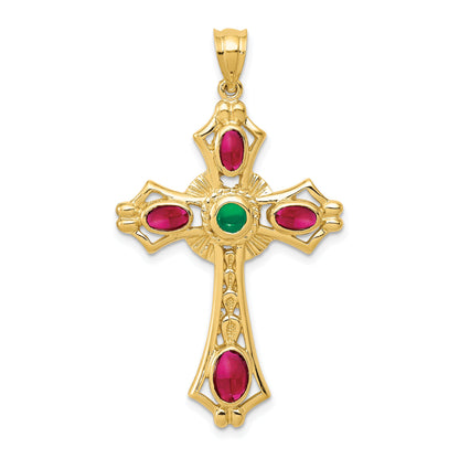 14K Yellow Gold Ruby And Emerald Cabochon Cross Pendant