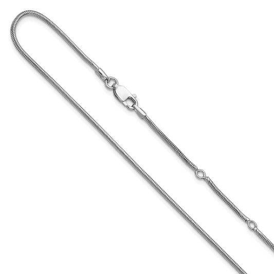 18 Inch Sterling Silver Ss Rh Plat 1.6mm Round Snake 1In+1In Adjustable Chain Necklace