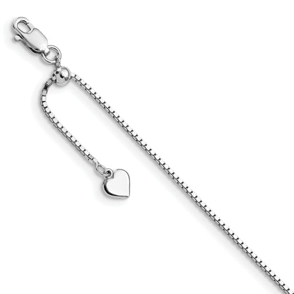 11 Inch Sterling Silver Rh-Plated Adjustable Box Chain Anklet