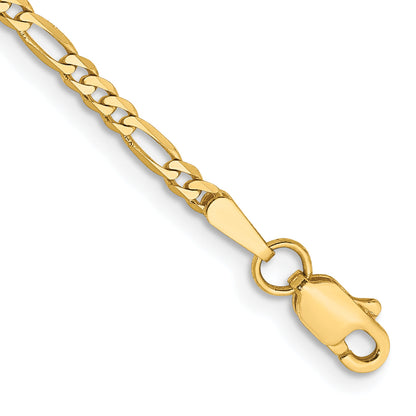 14K Yellow Gold 10 Inch 2.25mm Flat Figaro With Lobster Clasp Anklet