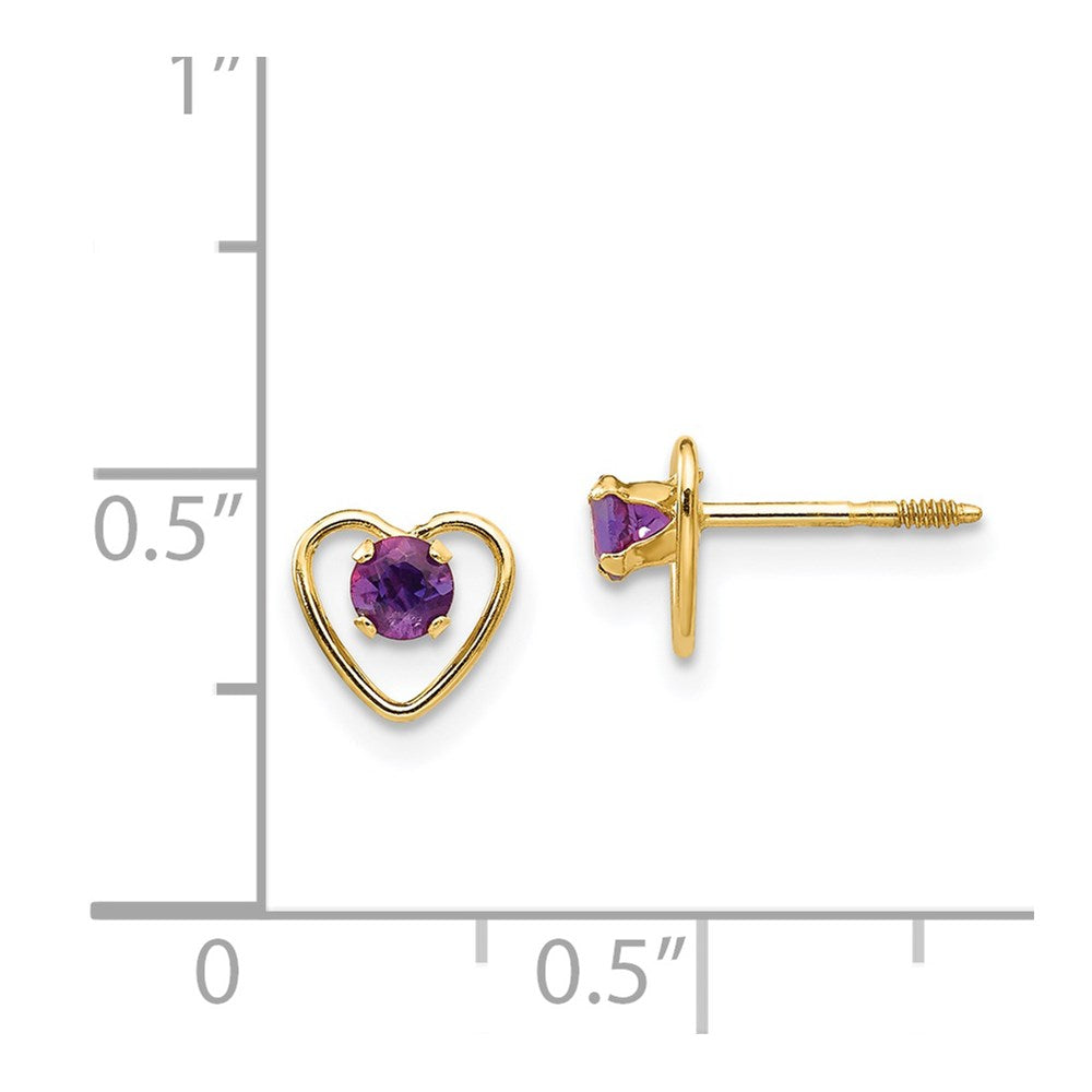 14K Yellow Gold Madi K 3mm Genuine Amethyst Birthstone Heart Earrings