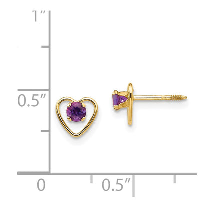 14K Yellow Gold Madi K 3mm Genuine Amethyst Birthstone Heart Earrings