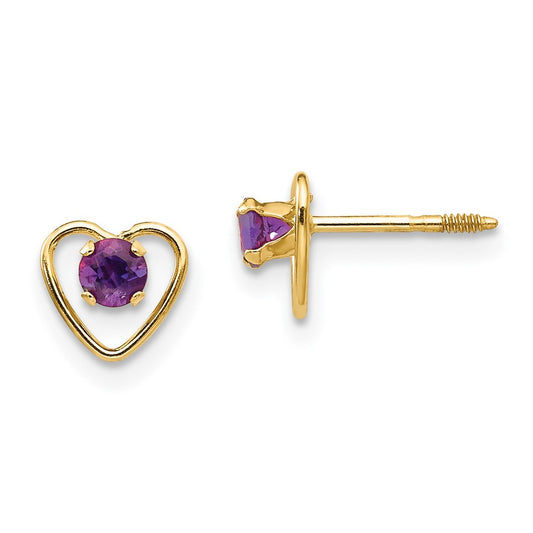 14K Yellow Gold Madi K 3mm Genuine Amethyst Birthstone Heart Earrings