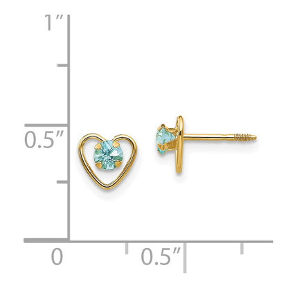14K Yellow Gold Madi K 3mm Genuine Aquamarine Birthstone Heart Earrings